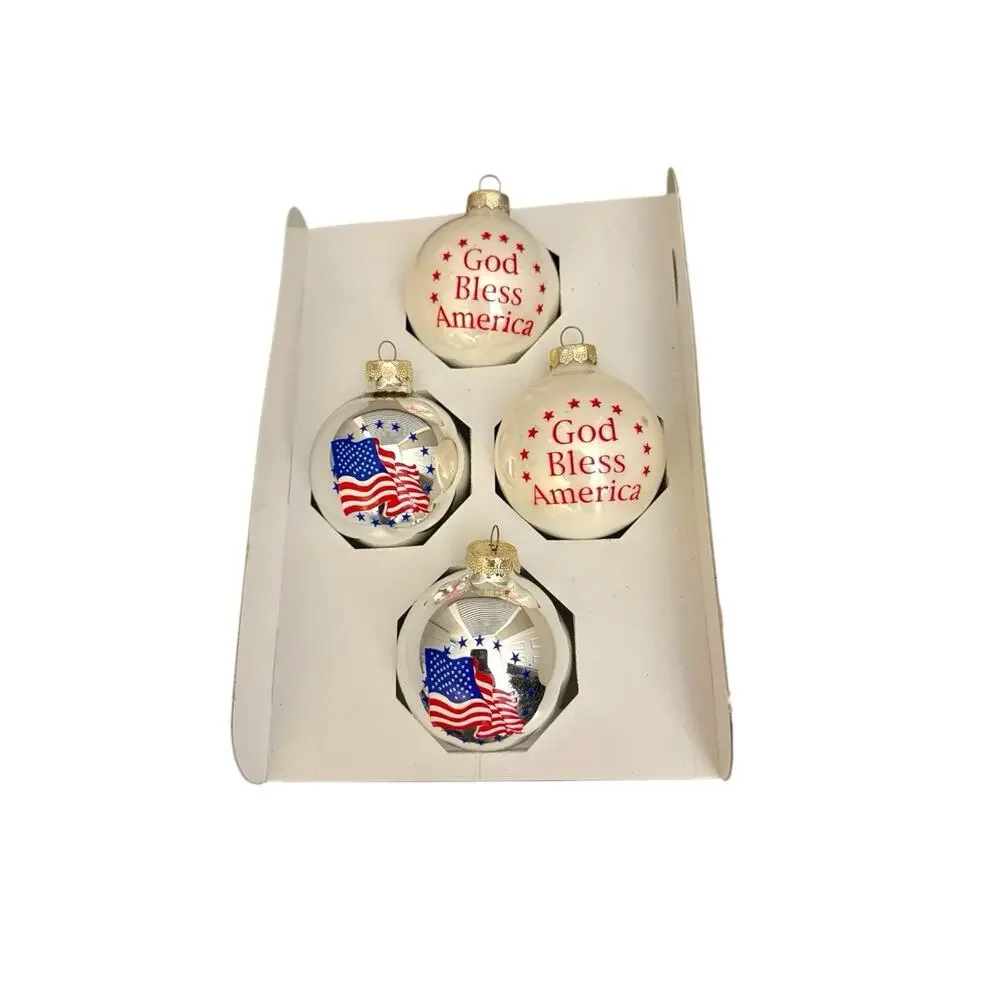 Box 4 God Bless America Patriotic Glass Christmas Ornaments Made USA 2.5